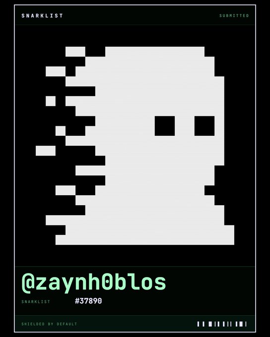 A stylized pixelated portrait graphic titled 'SNARKLIST' with a glitch-art aesthetic, displaying the handle '@zaynh0blos' and ID '#37890' on a black background with green text.