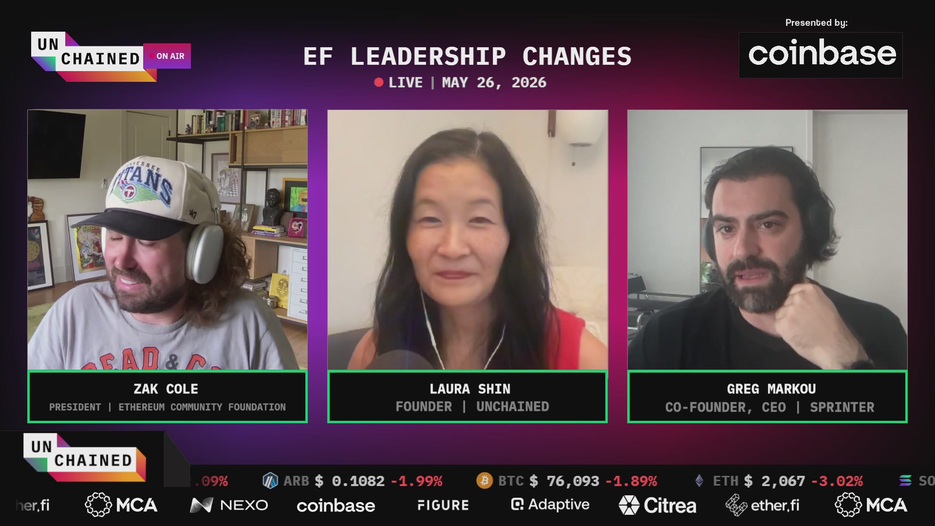 The image shows three people sitting behind a computer screen, with each person's face displayed on the screen at different times. The background features a purple wall with white text that reads "Reactions to the Ethereum Foundation's new mandate document". The first person is wearing a hat and has their head tilted back in thought. The second person is wearing a red shirt and looking directly at the camera, while the third person is wearing a black shirt and looking off to the side.