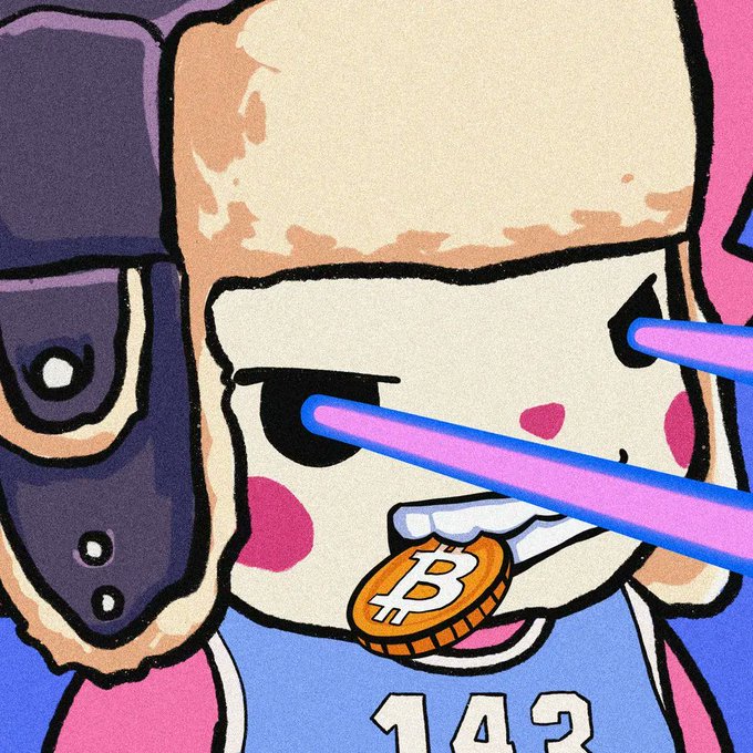 A colorful cartoon illustration showing a close-up of a character with a headset holding a Bitcoin coin in their mouth, while purple and blue chopsticks touch their face.