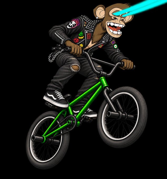 A digital illustration shows a punk-style monkey with a skull jacket riding a green BMX bike while shooting a blue laser beam from its eye.