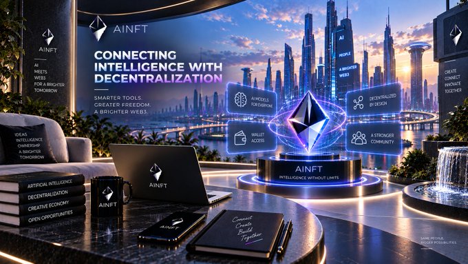 A similar futuristic AINFT showroom scene with the Ethereum logo, displaying text 'CONNECTING INTELLIGENCE WITH DECENTRALIZATION' and 'SMARTER TOOLS GREATER FREEDOM A BRIGHTER WEB.'