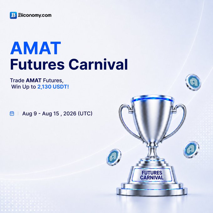 A promotional banner for Biconomy.com's 'AMAT Futures Carnival' trading event from Aug 9 - Aug 15, 2026 (UTC), offering up to 2,130 USDT, displayed with a silver trophy and blue AMAT coins.