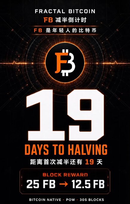 A "Fractal Bitcoin FB" halving countdown poster showing "19 DAYS TO HALVING" with the block reward dropping from "25 FB → 12.5 FB," highlighting Fractal Bitcoin's imminent first halving event as the post discusses its implications for FB tokenomics and the upcoming shift in mining rewards.