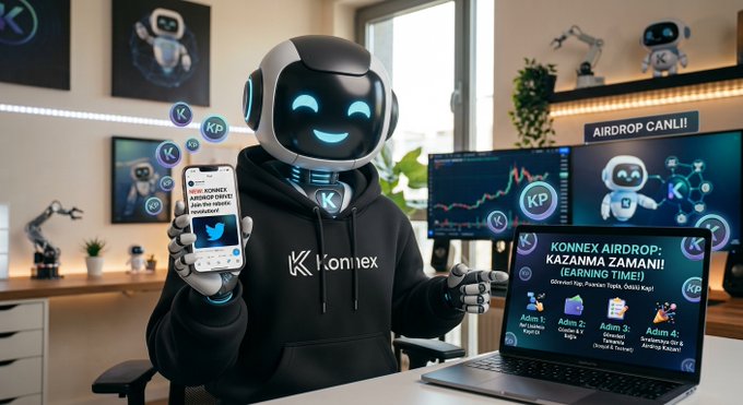 A friendly humanoid robot mascot holds a smartphone displaying the KONEX token alongside a laptop showcasing the "Konnex Airdrop" platform with details on $KP tokens and a leaderboard showing top holders. The tech-themed workspace, complete with multiple monitors and additional robot figures, visually reinforces the post's promotion of Konnex World's AI robotics infrastructure and its ongoing token airdrop campaign.