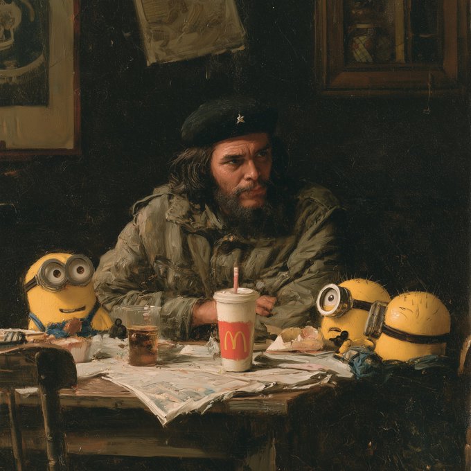 A digitally edited painting resembling Che Guevara sits at a table with two Minions and a McDonald's cup with a straw.