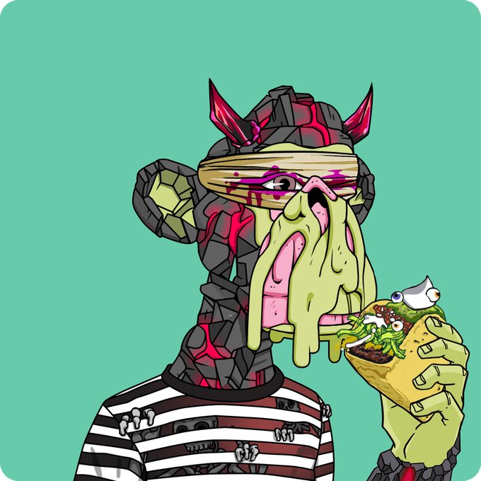 A digital cartoon illustration of a zombie-like character with a rocky head, bandages, and pink horns eating a messy burrito while wearing a striped shirt.