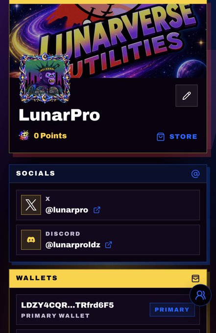 A profile page for "LunarPro" on the Lunarverse Utilities platform showing 0 Points, with social links to X (@lunarpro) and Discord (@lunarproldz), plus a primary wallet address (LDZY4CQR...TRfrd6F5).