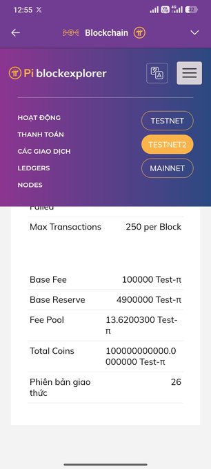 A mobile app screenshot of the Pi blockexplorer showing blockchain details, with the 'TESTNET2' option selected and displaying 'Max Transactions: 250 per Block' and 'Base Fee: 100000 Test-π'.