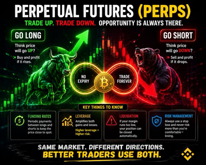 An educational infographic titled "PERPETUAL FUTURES (PERPS)" explaining long and short trading concepts using a green bull and red bear, with key topics including Funding Rates, Leverage, Liquidation, and Risk Management.