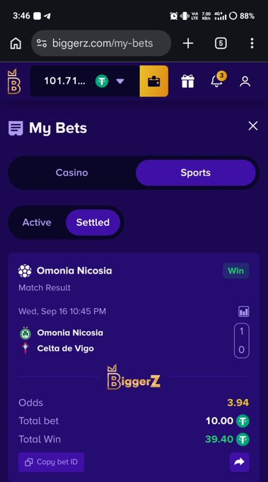 A screenshot of a mobile betting app called 'BiggerZ' showing a settled sports bet on Omonia Nicosia vs Celta de Vigo with odds of 3.94, a total bet of 10.00, and a total win of 39.40.