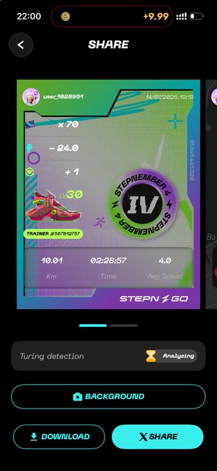 A STEPN GO share screen showing a user_1628904's trainer stats with 10.01km in 02:28:57 at 4.0 avg speed, dated 14/07/2026.