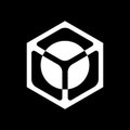 A white geometric logo featuring a 3D cube inside a hexagon on a black background.