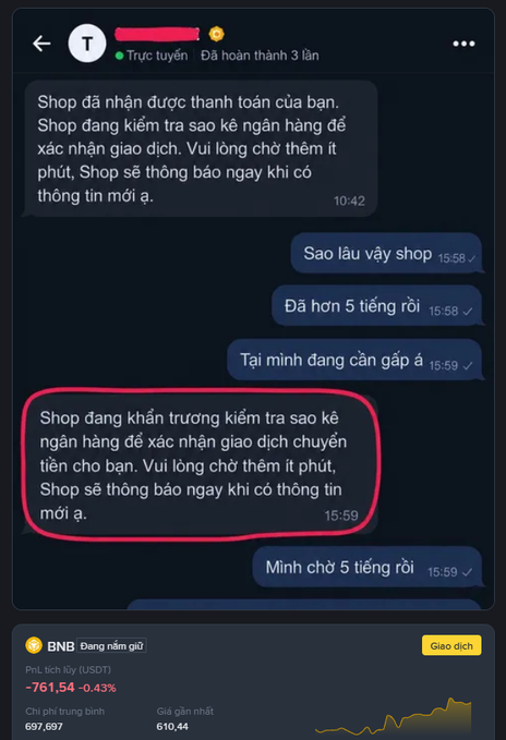 A chat screenshot in Vietnamese showing a conversation between a user and 'Shop' about a pending payment verification, with BNB price ticker showing -761.54 (-0.43%) at $610.44.