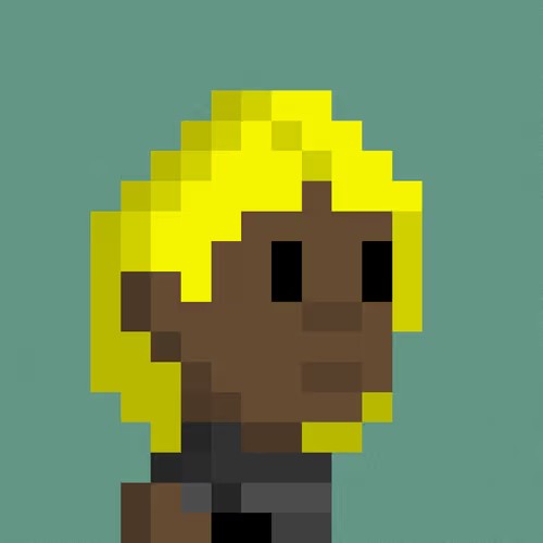 A pixel art style portrait of a person with bright yellow hair and dark skin set against a solid teal background.