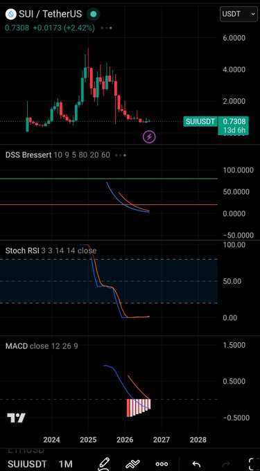 Trading chart for SUI/TetherUS showing a price of 0.7308 USDT (+2.42%), with DSS Bressert, Stoch RSI, and MACD indicators displayed.