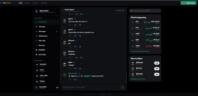 Screenshot of the SOLCHAT social trading platform interface showing global signal chat, asset prices for BTC/ETH/USDT/BNB/USDC, and a 'Who to follow' sidebar.