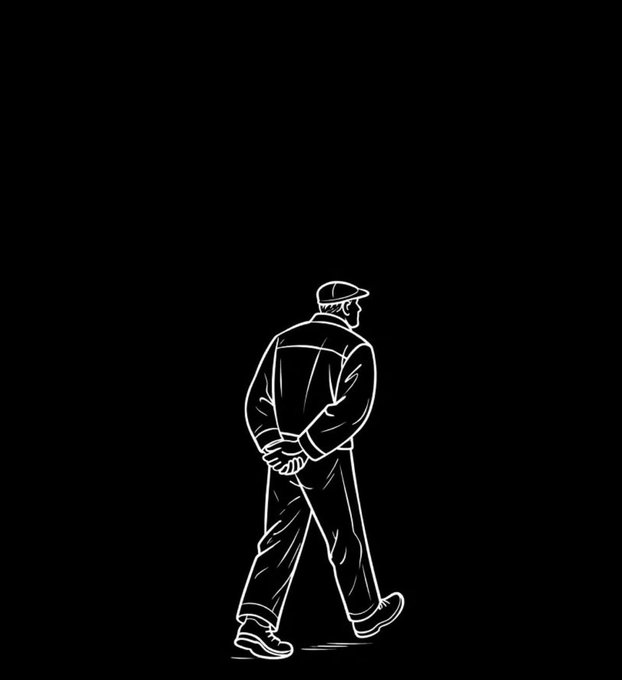 A minimalist white line drawing on a black background depicting a man wearing a cap and jacket walking with his hands clasped behind his back.