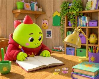 A 3D animated green character with a small red horn, wearing a red hoodie, sits at a desk writing in a notebook surrounded by bookshelves and school supplies.