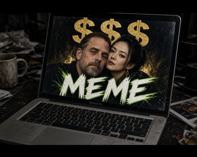 A dirty MacBook Pro laptop on a messy desk displays an image with '$$$' signs, two people's faces, and the word 'MEME' in green.