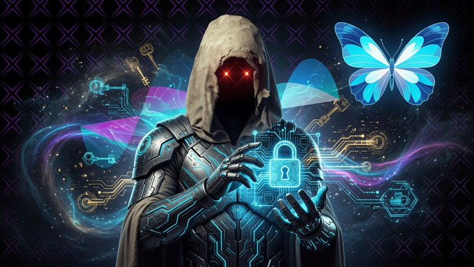 A hooded cyberpunk figure with glowing red eyes and futuristic armor, holding a glowing blue padlock symbol, surrounded by neon circuitry patterns and a bright blue butterfly.
