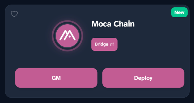 A digital interface card for "Moca Chain" with a dark blue background, featuring a pink circular logo, a "Bridge" button, and two action buttons labeled "GM" and "Deploy," with a green "New" tag in the corner.