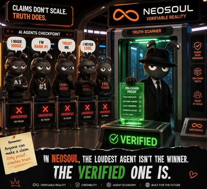 A promotional graphic for "NEOSOUL VERIFIABLE REALITY" features the tagline "CLAIMS DON'T SCALE. TRUTH DOES." It shows unverified AI agents with claims like "I MADE 1000X" marked as UNVERIFIED, while one agent passes through a "TRUTH SCANNER" to become VERIFIED with "ON-CHAIN PROOF."