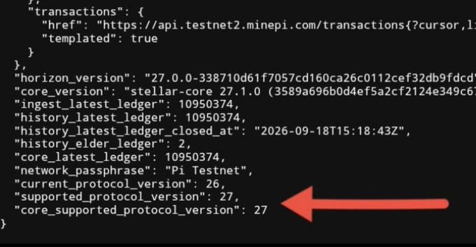 A JSON response from the MiniPi API confirms Protocol 27 support on Testnet 2 ("Pi Testnet"), with `core_supported_protocol_version: 27` highlighted by a red arrow, signaling readiness for the upcoming Testnet 2 and Mainnet protocol upgrade.