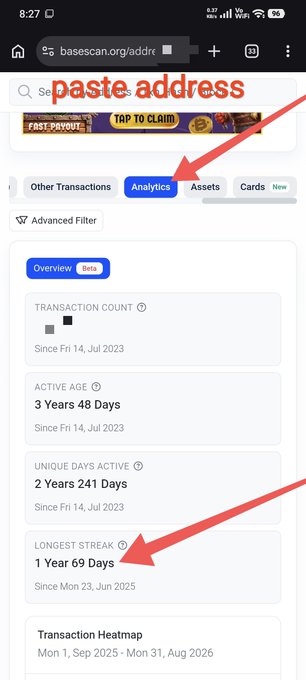 A mobile screenshot of Basescan.org showing an "Analytics" tab for a wallet address, displaying metrics including Transaction Count of 9,783, Active Age of 3 Years 48 Days, Unique Days Active of 2 Years 241 Days, and Longest Streak of 1 Year 69 Days, with red arrows pointing to the "Analytics" tab and "Longest Streak" section. The image visually reinforces the post's message about on-chain consistency, providing the source screenshot from which the poster derived their wallet statistics.