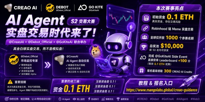 A promotional poster for the 'AI Agent S2 交易大赛' trading competition hosted by @CreaoAI, @Debot_Official, and @GoKiteAI.