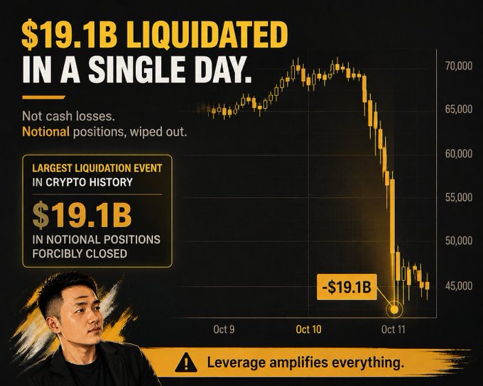 An infographic titled '$19.1B LIQUIDATED IN A SINGLE DAY' showing a dramatic Bitcoin price chart crashing from around $70,000 on October 9-10 down to $45,000 on October 11, labeled as the 'LARGEST LIQUIDATION EVENT IN CRYPTO HISTORY' with the warning 'Leverage amplifies everything.'