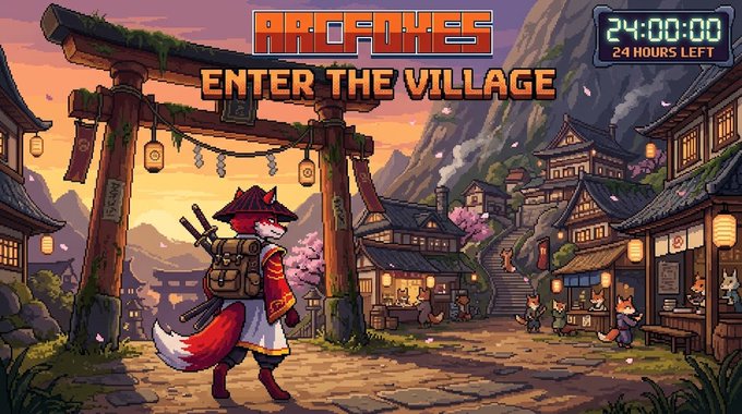 Pixel art illustration of a fox samurai standing at a torii gate entrance to a village at sunset, with text reading 'ARENA', 'ENTER THE VILLAGE', and a countdown timer showing '24:00:00 / 24 HOURS LEFT'.