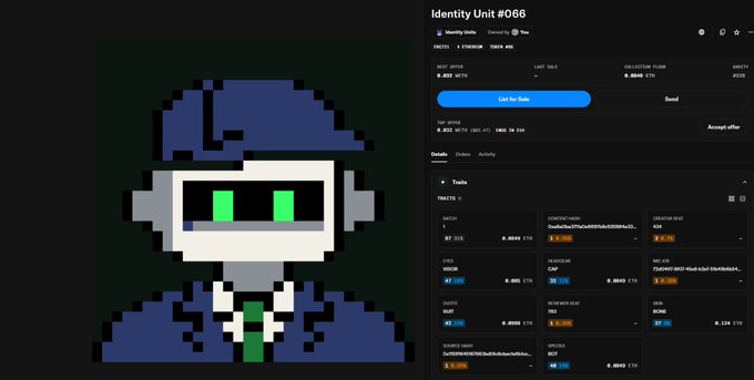 An NFT marketplace interface displaying 'Identity Unit #066', a pixel art character, listed with a best offer of 6.012 ETH and bidding history.