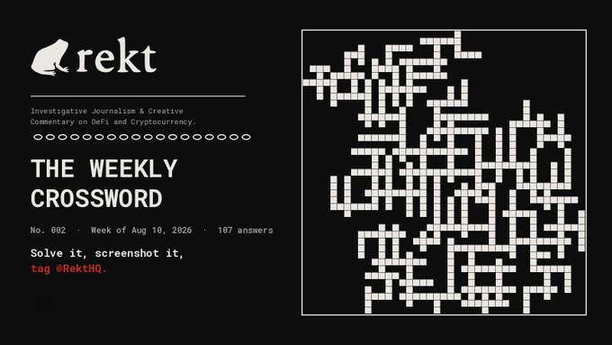 The image shows a black promotional graphic for "rekt" featuring their weekly crossword puzzle (No. 002) for the week of Aug 10, 2026, with 107 answers, alongside a pixelated crossword grid. The "THE WEEKLY CROSSWORD" text and grid layout directly tie to the post announcing a new crossword challenge, inviting users to solve and screenshot it to tag @RektHQ.
