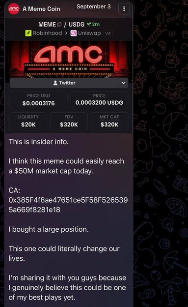 A screenshot of a crypto trading post dated September 3 promoting the meme coin "AMC" (MEME) on the Robinhood/Uniswap v4 pair, showing a price of $0.0003176 USDG, $20K liquidity, and $320K FDV/MKT cap. The post claims insider information and predicts the token could reach a $50M market cap, sharing a wallet address (0x385f4f8ae47651ce5f58f5265395a669f8281e18) and expressing that it could "change our lives," aligning with the accompanying celebratory caption calling this an early, profitable call.