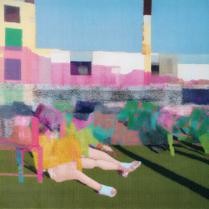 A vibrant, painterly digital artwork depicting a figure reclining on grass against a backdrop of colorful, abstract buildings under a bright blue sky, rendered with bold brushstrokes and saturated hues. The accompanying post "Poncho objkt.com/tokens/hicetnu" suggests this is a tokenized NFT artwork titled "Poncho," with the link directing viewers to its listing on the objkt marketplace.