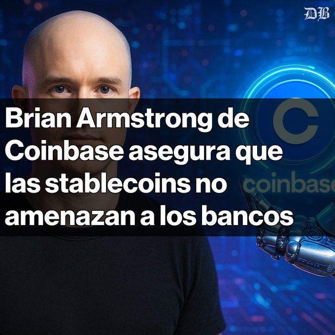A graphic shows a bald man next to Spanish text reading 'Brian Armstrong de Coinbase asegura que las stablecoins no amenazan a los bancos,' with a Coinbase 'C' logo in the background.