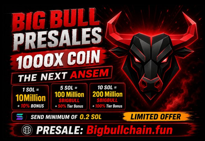 A promotional graphic for the "$BIGBULL" presale features a red, glowing bull logo with text highlighting it as "THE NEXT ANSEM" and a "1000X COIN," detailing tiered bonuses of 10M to 200M tokens for investments of 1 to 10 SOL at Bigbullchain.fun, matching the post's details.