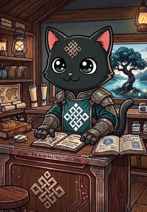 The image features a cartoon cat sitting at a desk, wearing a green sweater with a white celtic design. The cat appears to be reading from an open book or looking down at a computer screen while seated behind a wooden desk. The background of the image includes a tree and a river, creating a serene atmosphere for the scene. The post mentions that the current L1s were built for the AI domination project, which implies that the cat is likely involved in some form of AI-related activity or research.