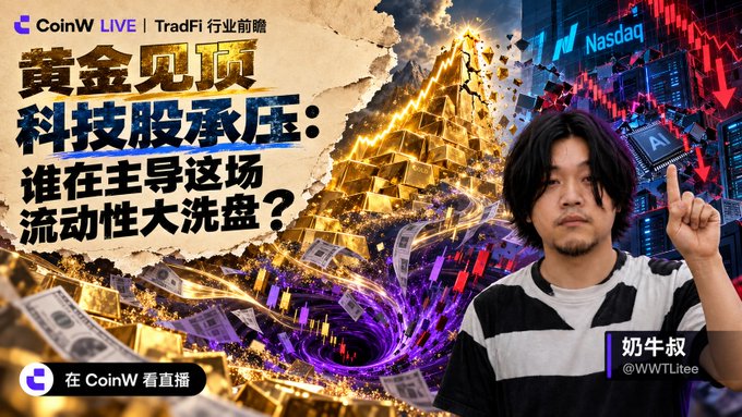 A promotional livestream thumbnail for 'CoinW LIVE' featuring a man in a striped shirt, with Chinese text and graphics of gold bars and stock charts.