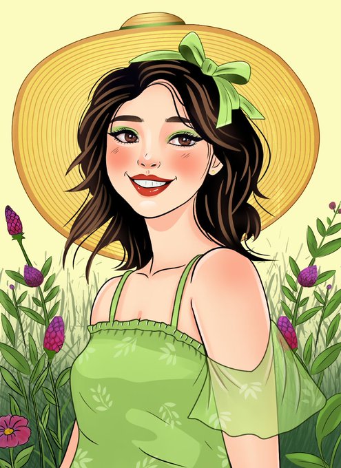 A digital illustration of a smiling young woman with brown hair, wearing a large yellow sun hat with a green bow and a green off-shoulder dress, surrounded by lavender flowers and greenery.