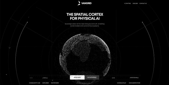 A dark-themed website screenshot for "VANGRID" displaying "THE SPATIAL CORTEX FOR PHYSICAL AI" with a 3D point cloud rendering of Earth and a "WRITE DAO" button.