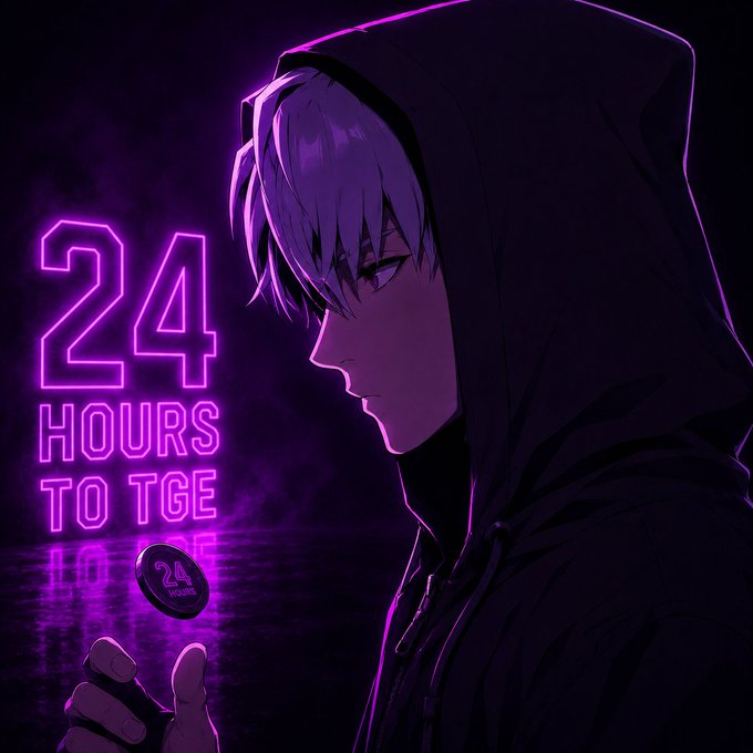 The image features a man wearing a hoodie, standing against a dark purple background with neon lights that say "24 hours to TGE" written above him. The man appears to be holding up a coin or a small object, possibly a keychain or a piece of jewelry. The neon lights and the man's position create an interesting contrast between light and darkness in the image.