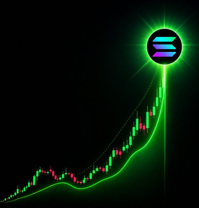 A Solana logo with a purple-to-blue gradient sits atop a glowing green candlestick chart showing a sharp upward trajectory, visually reinforcing the post's confirmation of a Solana-driven altcoin season breakout.