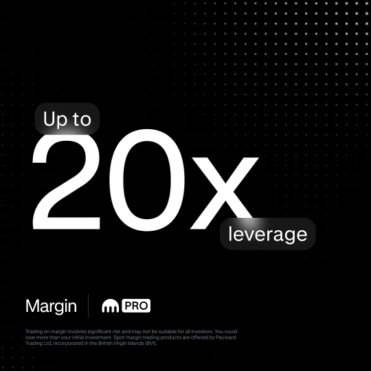 A bold black promotional graphic featuring white text that reads "Up to 20x leverage" alongside the Kraken Margin logo, visually reinforcing the announcement of upgraded BTC/USD margin trading on Kraken Pro and Desktop.