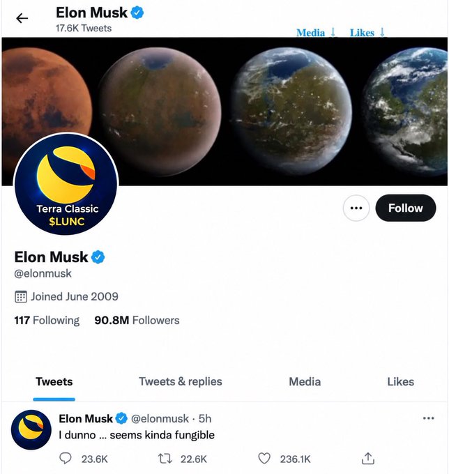 Elon Musk's Twitter/X profile page showing a Mars terraformation banner image, with his bio noting 'Joined June 2009' and '90.8M Followers', and a recent tweet stating 'I dunno ... seems kinda fungible' about planets.