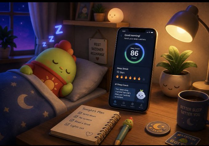 A cozy nighttime scene shows a sleeping chick plush toy in bed with a phone displaying "Good morning! Here's your sleep summary, Sleep Score 86, Sleep Streak 12 days, A1 Sleep Coach" alongside a "Tonight's Plan" notebook, a "BETTER SLEEP BETTER YOU" mug, and a small green plant.