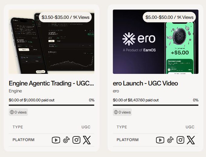 A screenshot of UGC (User Generated Content) campaign listings for 'Engine Agentic Trading' and 'ero Launch' on a platform.
