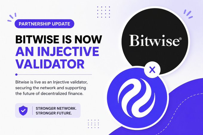 A partnership announcement graphic reading 'BITWISE IS NOW AN INJECTIVE VALIDATOR' with the Bitwise logo.