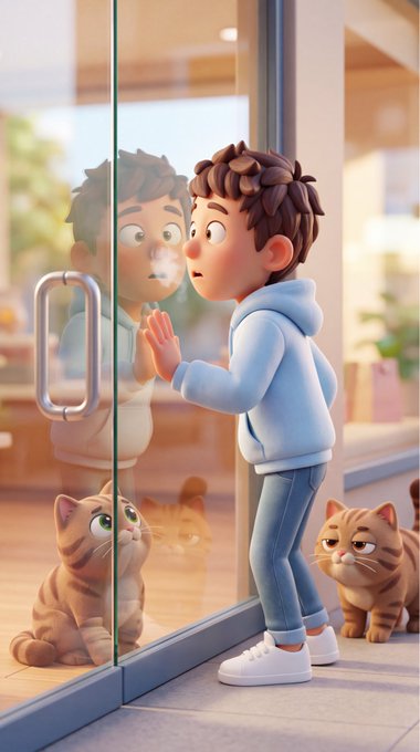 A 3D animated-style illustration shows a young boy in a light blue hoodie looking through a glass door at his reflection, with two tabby cats sitting beside him.