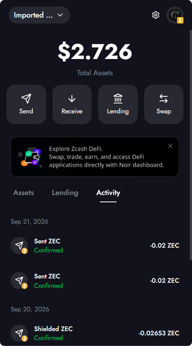 A mobile crypto wallet interface shows $2.726 in Total Assets with options for Send, Receive, Lending, and Swap, displaying recent transactions including 'Sent ZEC' and 'Shielded ZEC' from Sep 21 and Sep 20, 2026.
